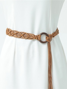 Offerta Speciale Personalizzata: Cintura Larga da Donna in Stile Etnico con Fibbia Rotonda in Legno e Lunga Nappa, Intrecciata a Mano con Corda Cerata - Product Image 4