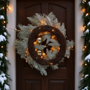 As Pic 20 Inch Christmas <b>Wreath</b> Warm Lights Door Decor Rustic Style Metal <b>Wire</b> Plug Powered With Ornaments Beads Pine Cones - Product Image 2