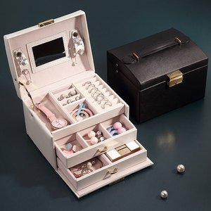 Estuche de Almacenamiento de Joyas de Lujo al por Mayor, Caja Grande de 3 Niveles con Espejo, Organizador de Cuero PU con Asa - Product Image 1