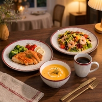 Service de table en grès blanc à bord rouge, 16 pièces, assiettes, bols et tasses en céramique côtelée, passe au lave-vaisselle