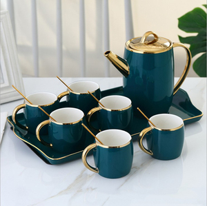 Nuovo arrivo set da tè in ceramica oro verde 8 pezzi con vassoio sei tazze in <span class=keywords><strong>porcellana</strong></span> piattino teiera per regali per caffè - Product Image 3
