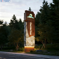 SKYSEEN Enseigne Lumineuse Personnalisée Thème Naturel en Poly avec Affichage en Pierre et Métal pour Parcs, Complexes Hôteliers et Sites Écologiques