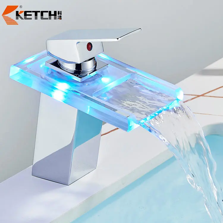 Hot Sale LED Three Colors Change Waterfall Tap Black Chrome Color Bathroom Basin Faucet