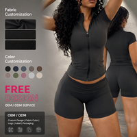 Ensemble 2 pièces personnalisé pour femme, en Spandex et Nylon, coupe ajustée, haut zippé à manches courtes et short cycliste taille haute, tenue de sport