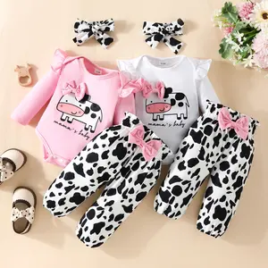 2023 printemps automne vêtements pour bébés ensembles en gros à manches longues dessin animé barboteuse vache pantalon bandeau 3 pièces bébé filles beaux vêtements