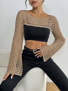 कारखाने का ओम गंध महिला बुना हुआ जाल लंबी आस्तीन की फसल गर्मियों में सबसे ऊपर है मछली के ब्लाउज को खोखला - Product Image 4