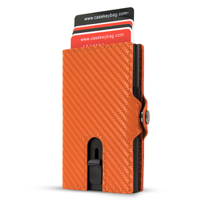 Porte-cartes en alliage d'aluminium anti-RFID personnalisé Casekey Vintage, couleur orange, cuir en fibre de carbone, bouton poussoir - Product Image 1