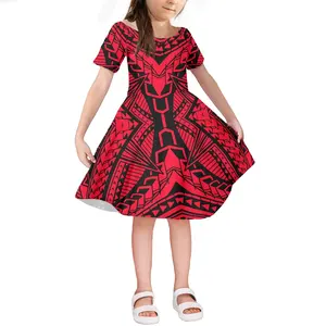 民族风格的红色波利尼西亚纹身女孩连衣裙派对穿部落Tatau儿童连衣裙短袖儿童女孩衣服连衣裙