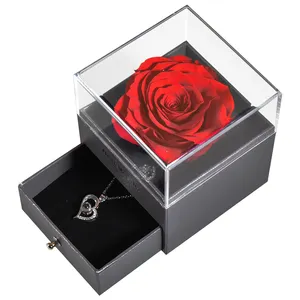 Noël Saint Valentin Cadeau Éternel Naturel Préservé Roses Fleurs Collier Acrylique Rose Boîte À Bijoux Cadeaux pour Maman Femmes Filles