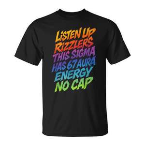 Esta camiseta promocional negra para hombre de Sigma Has 67 Aura Energy Rizzlers - Product Image 1