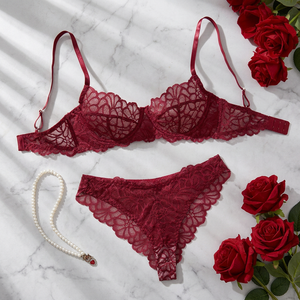 Floral Lace Womens Intimates <b>Sexy</b> Lingerie <b>Set</b> Sheer Mesh Underwire Bra and Thong Panties Elegant Womens Bra <b>Set</b> OEM ODM - Product Image 1