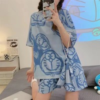Pyjama respirant pour femme, ensemble short et haut à manches courtes, motif dessin animé mignon, coupe ample, idéal pour le printemps, l'automne et la maison