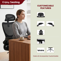 Chaise de bureau en maille noire à dossier haut avec appui-tête réglable, accoudoirs rabattables, vérin à gaz classe 3, pivotante, pour bureau à domicile