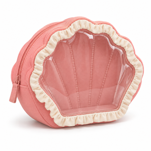 Vial Case Shell Shape Toiletry Bag Ruffle Trim Clear PVC Window Cotton Canvas Coral Pink Wash Pouch Custom Logo - Product Image 1