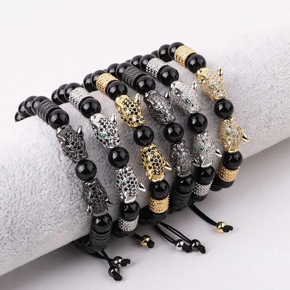 New Design CZ Leopard Men Bracelet Natural Stone Custom Bracelet Handmade Macrame Black Agate Beads Bracelet For Man JBS12631