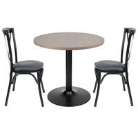 Table de bistrot ronde moderne pour usage commercial, plateau en mélamine avec support de table à colonne unique en métal noir, vente en gros