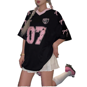 Trendy Versatile Y2K Sports Mesh V-Neck T-Shirt American-Style Cross-Border Solid Casual Loose <b>Plus</b> <b>Size</b> Short Summer 100% - Product Image 4