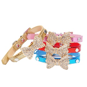 New listing hot selling crystal bowknot with PU leather pet cat dog leash gold dog collar