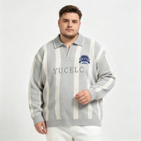Pulls en viscose à manches longues pour hommes, décontractés, tricotés, gris et blancs à rayures, avec col chemise et logo brodé personnalisé