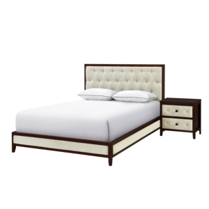 Table de chevet Cherry Espresso à 2 tiroirs, face capitonnée, meubles de chambre à coucher modernes - Product Image 5