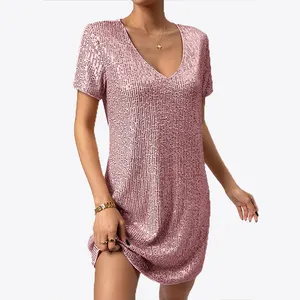 महिलाओं के लिए हॉट सेलिंग कैजुअल स्टाइल पिंक ड्रेस सेक्विन फैशन स्पोर्ट वियर सेक्विन लंबी टी-शर्ट ड्रेस