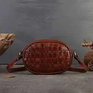 Bolsa de mão retrô de couro de vaca para celular, bolsa de mão vintage de malha feita à mão em tecido luxuoso personalizado, bolsa pequena de couro real importada da Coreia