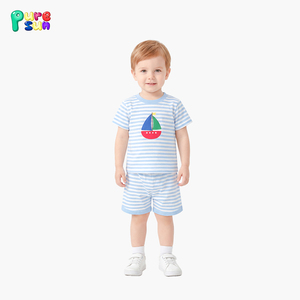 Puresun Wholesale Toddler Boys Sailboat Applique Stripe Short Sleeve Tee Shorts <strong>Sets</strong> 100% Cotton <strong>Kids</strong> <strong>Pajamas</strong> 1-6 Years - Product Image 1