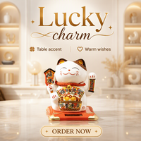 Promotion : Statue Maneki Neko en céramique à bras oscillant solaire, Ornement porte-bonheur, Boîte cadeau avec fenêtre transparente pour voiture, ouverture de magasin, ou événement commercial