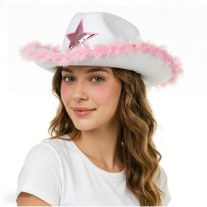Chapeau de <span class=keywords><strong>cowboy</strong></span> blanc avec bordure en plumes roses et étoile à paillettes pour les enterrements de vie de jeune fille, les fêtes costumées et les tenues de jeu de rôle pour femmes - Product Image 2