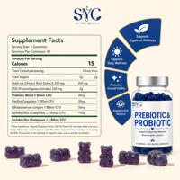 SYC BIO Probiotiques Prébiotiques Vitamines Gommes Formule Douce Confort 50 Unités Framboise Bleue Adulte Marque Privée