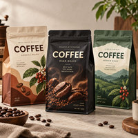 Sachet de café à fond plat personnalisé 250g 500g 1kg avec valve et fermeture éclair, emballage imprimé haute barrière pour café, thé et aliments