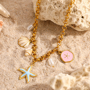 Collier en acier inoxydable avec pendentif étoile de mer et coquillage, plaqué or 18 carats, chaîne de clavicule, style vacances à la plage, bijoux superposés - Product Image 2