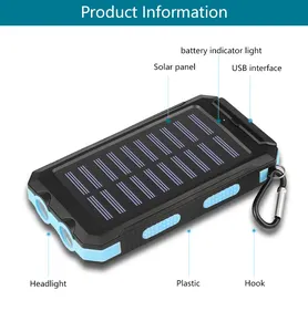Batterie externe solaire double USB 8000mAh Chargeur de batterie étanche Banques externes portables Panneau solaire avec lumière LED