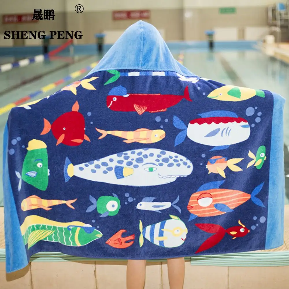 Cotton Hooded Bath Towel Wrap for Kids Quick-Dry Sports Pattern Shark Cartoon Poncho Beach Towel 1-6 Year Old Toddlers