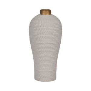 Vaso in ceramica testurizzata con bordo in metallo e accenti a punti in rilievo per l'arredamento del soggiorno. - Product Image 1