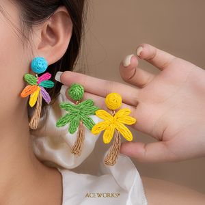 Palm Tree <b>Earrings</b> | Raffia Braided Tropical Coconut Tree 18K PVD <b>Gold</b> Stainless Steel Pin Bohemian Handwoven <b>Dangle</b> <b>Earrings</b> - Product Image 2