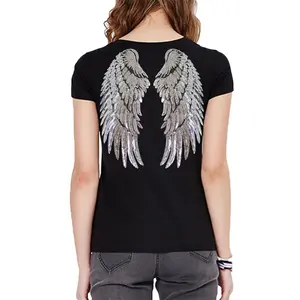 summer women sequin tops t-shirt slim fit t shirt custom logo angel wings tshirt for ladies