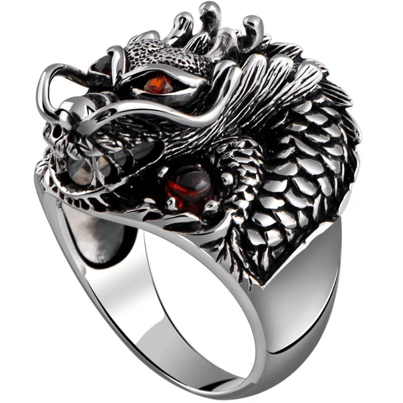 Punk Vintage Stijl Stijlvolle Vingerringen Sieraden Staal Casting China Drakenkop Dier Zodiac Ring Mannen Cadeau