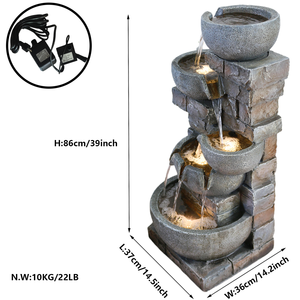 מזרקת מים לגינה בעיצוב מדורג עם 5 קערות, אבנים מדורגות, תאורת לד, סיטונאי - Product Image 2