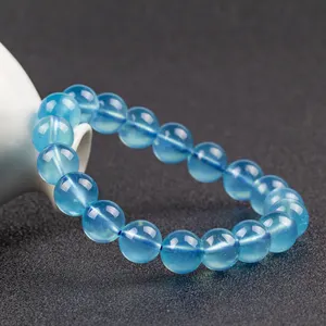 Top grade stunning natural Aquamarine bracelet blue round bead sphere chain Beryl beaded bracelet