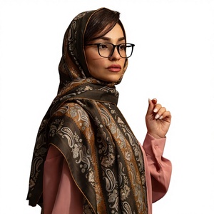 Châle vertical à rayures Paisley vintage ethnique long décontracté multifonctionnel en mélange de coton et de soie naturel respirant avec bords roulés à la main - Product Image 1