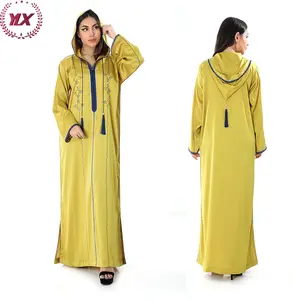 2023 Neueste One Piece Seidenstoff Arabian Muslim Türkische Robe Trendy Hooded Neck Embroider Damen Jalabiya Kaftan