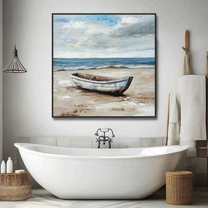 Art mural moderne de l'océan côtier décor de salle de bain en acrylique peint à la main avec des bateaux sur des peintures de paysages marins sur toile de plage - Product Image 4