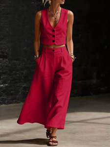 2026 New Women's Old Money Style Linen Blend Two Piece Set S-2XL V Neck Crop Vest + High Waist Wide Leg <strong>Pants</strong> Casual Loungewear - Product Image 4