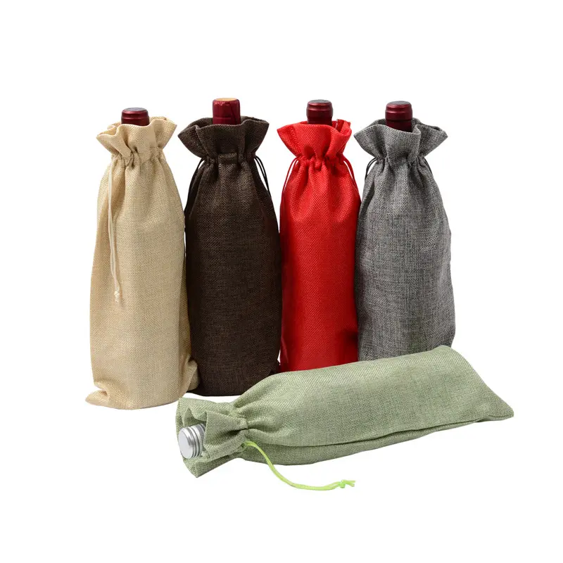 Colorful Jute Linen Gift Packaging Wine Bottle Carrier Drawstring Bag