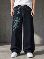 Jean d'été personnalisé pour homme 14oz, coupe ample à jambe large, broderie florale bleue, denim indigo brut, délavage foncé, respirant, écologique, haute qualité