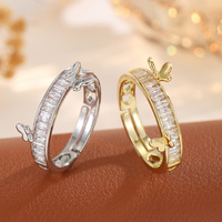 Bague ouverte double papillon entièrement sertie de diamants pour femme, design de niche de luxe léger, zircon pavé, bande délicate réglable, cadeau en or