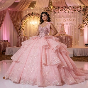 Mct024 Blush Pink Quinceanera <b>Dress</b> Bow Appliques Natural Corset Layered <b>Ruffle</b> Princess Ball Gown Sweet 15 Party for - Product Image 1
