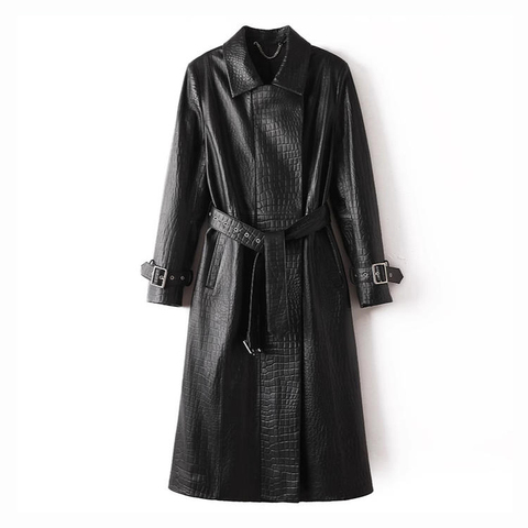 2056 New Trending Long Sleeve Leather Coat High Level Embossing Sheepskin Long Trench Coat with Belt for Women