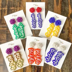 Custom Team Script Spirit Earrings Cheer Seed Bead Poms Studs Earring School Sports Game Day Earrings